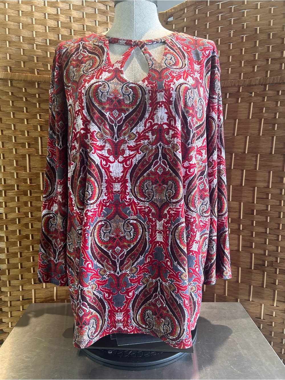 Paisley Keyhole Tunic Blouse Red Brown Stretch Long Sleeve Plus Size 2X